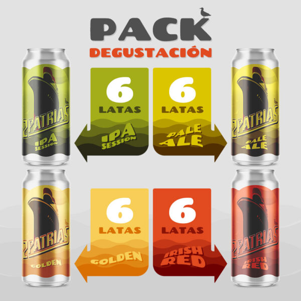Pack de 24 latas de cerveza artesanal para degustación de cuatro estilos, ipa session, pale ale, golden, irish red